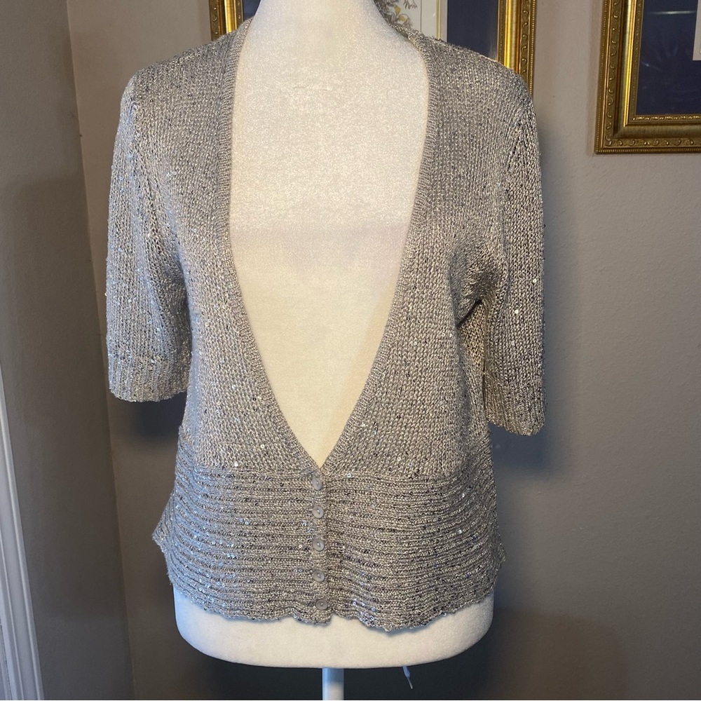 Worthington Womens Petite Large Silver Sequin Knit Cardigan Short Sleeve Evening